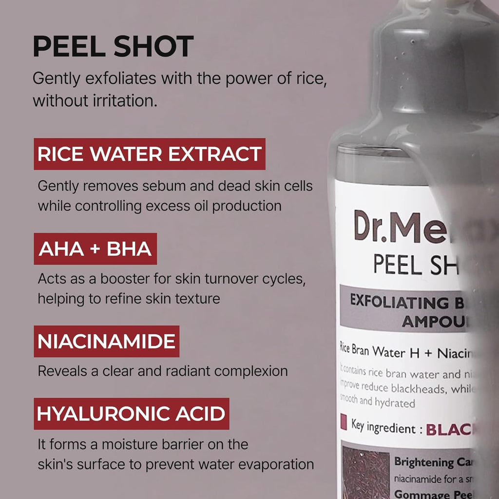 Lightweight liquid texture of Dr. Melaxin Black Rice Exfoliating Ampoule.
